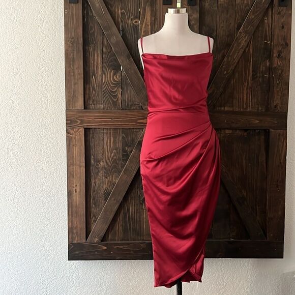NWT HTZMO Satin Slip Dress Cowl Neck Ruched Bodycon MIDI Dress - Picture 4 of 14